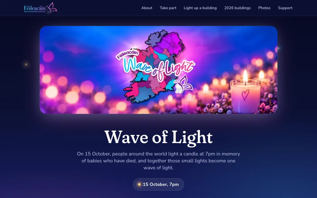 Wave of Light website, built by AI Sites, live at waveoflight.ie: a candlelit map of Ireland in pink and blue