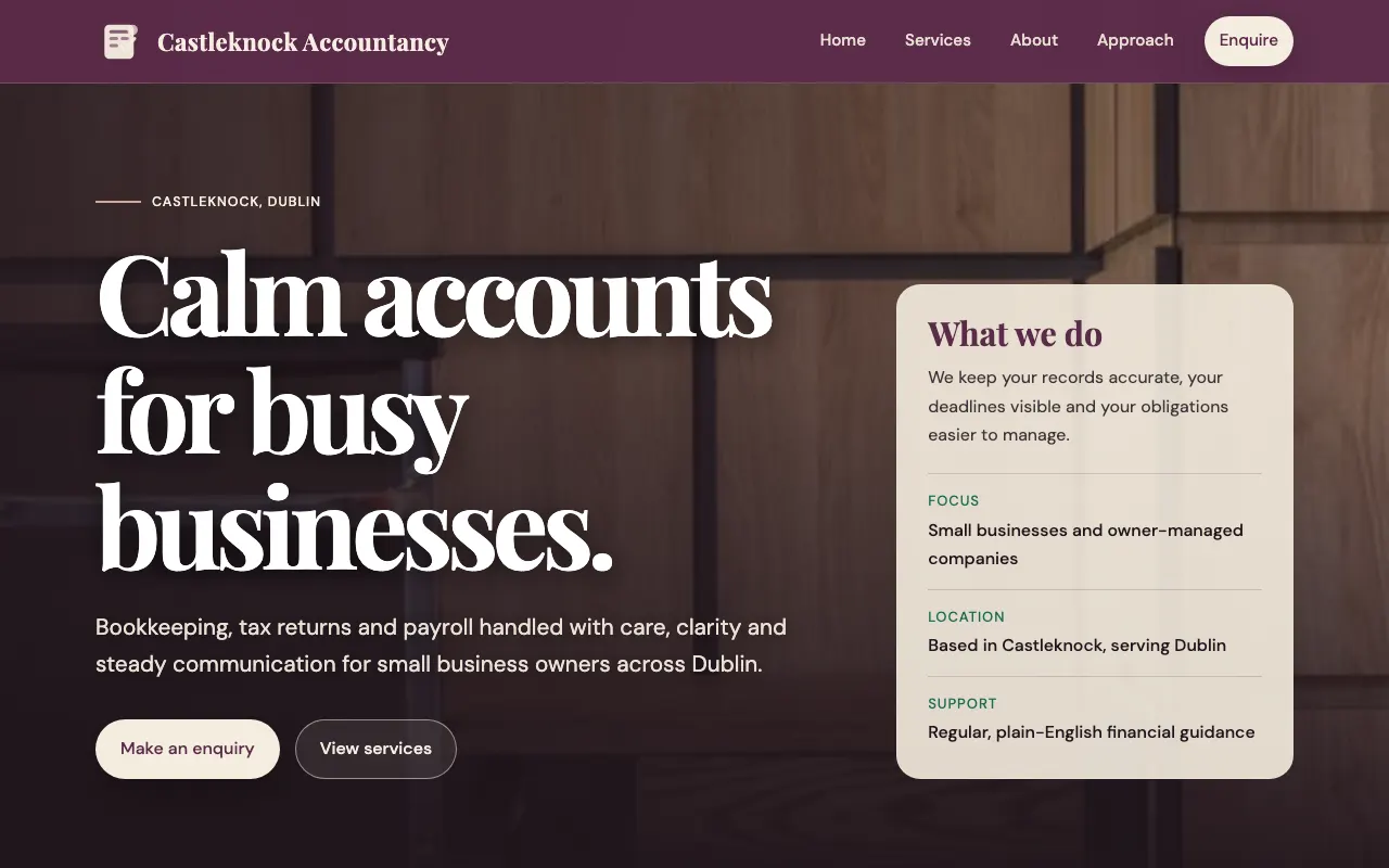Home page of a sample website for a small accountancy practice in Castleknock, Dublin, in plum and cream