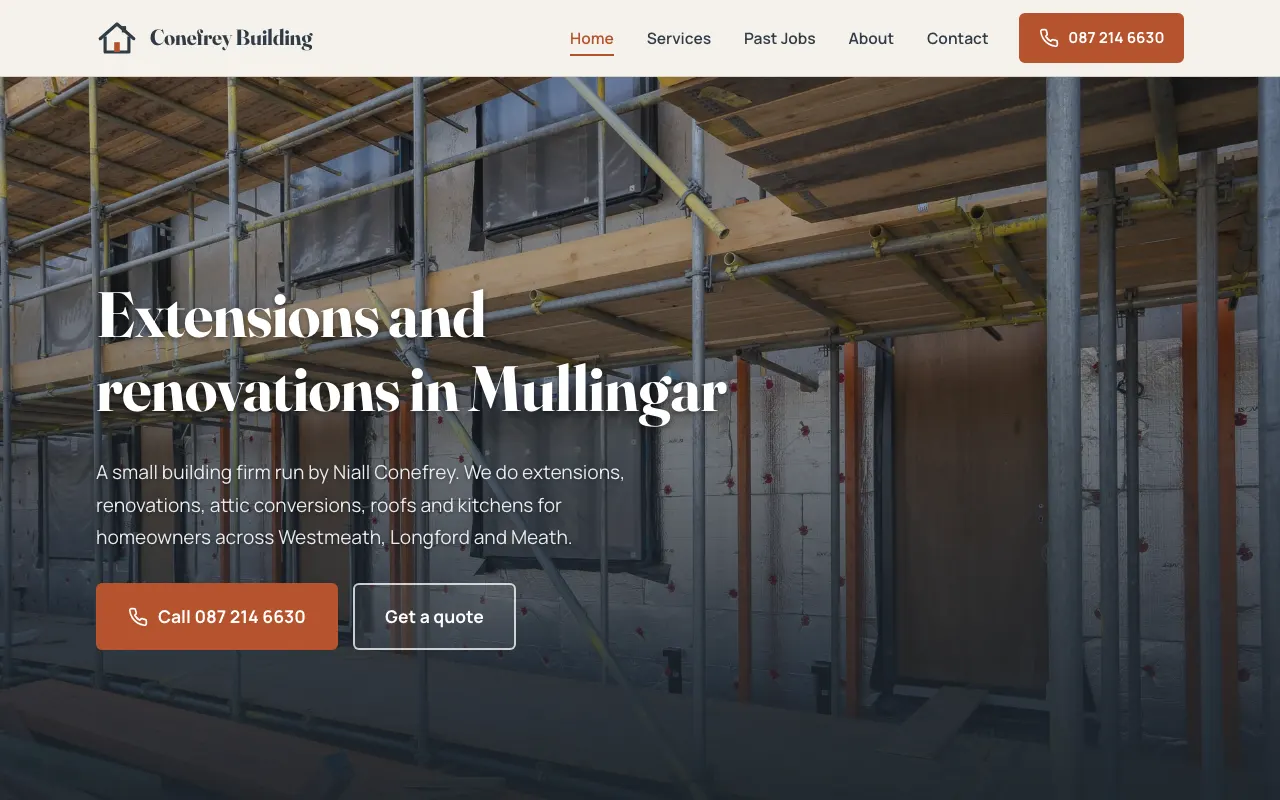 Home page of a sample five-page website for a building firm in Mullingar, in slate grey and brick red