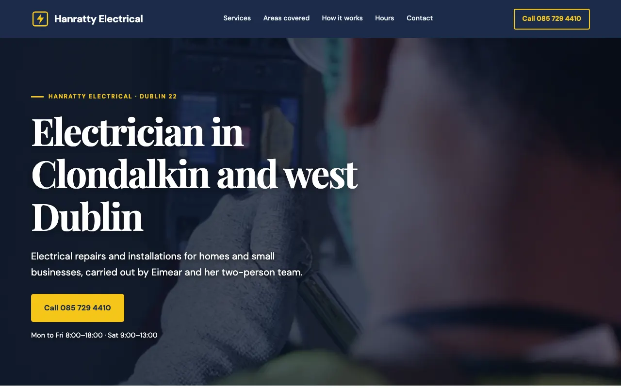 Home page of a sample one-page website for an electrician in Clondalkin, Dublin, in navy and yellow
