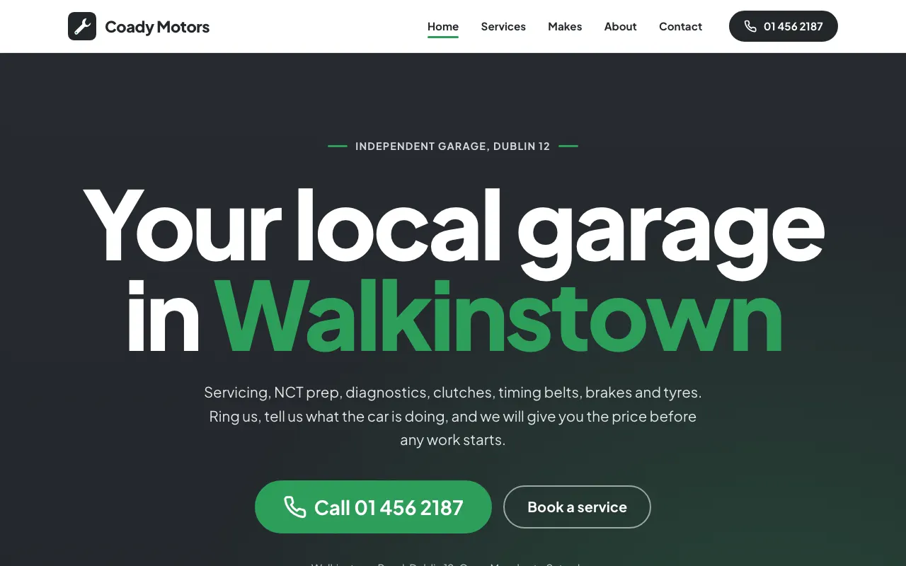 Home page of a sample five-page website for a garage in Walkinstown, Dublin, in charcoal and green