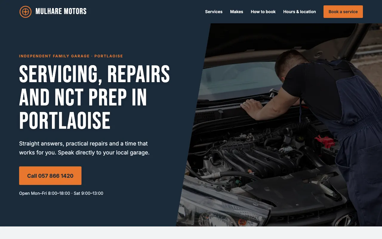 Home page of a sample one-page website for an independent garage in Portlaoise, in navy and orange
