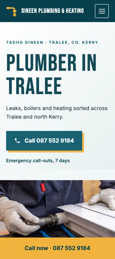 The same Dineen Plumbing & Heating sample on a phone, The same sample on a phone, with a large tap-to-call button and a call bar at the bottom