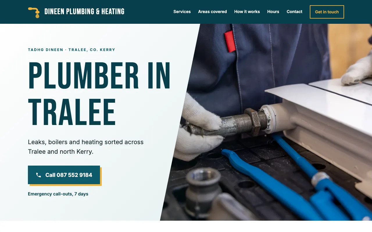 Home page of a sample one-page website for a plumber in Tralee, in teal and yellow