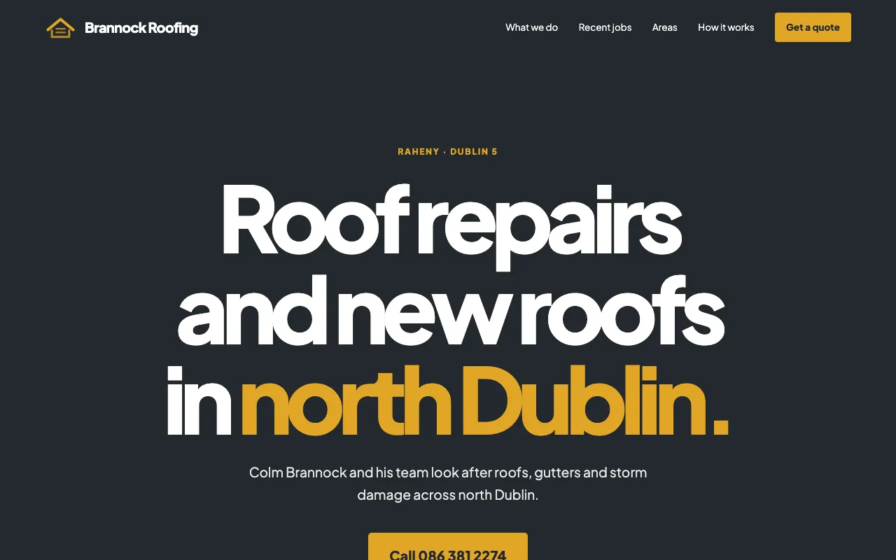 Home page of a sample one-page website for a roofer in Raheny, Dublin, in charcoal and amber