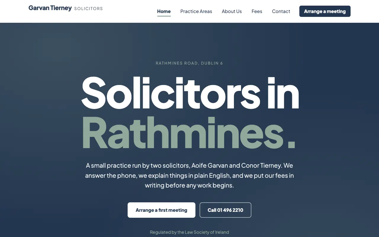 Home page of a sample solicitor's website for a practice in Rathmines, Dublin, in navy and sage