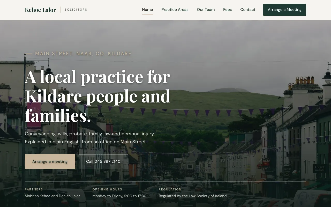 Home page of a sample solicitor's website for a two-partner practice in Naas, in deep green and stone